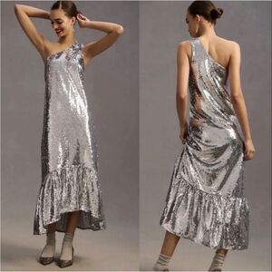 Maeve Silver Sequin One-Shoulder Dress from Anthropologie NWT size XS